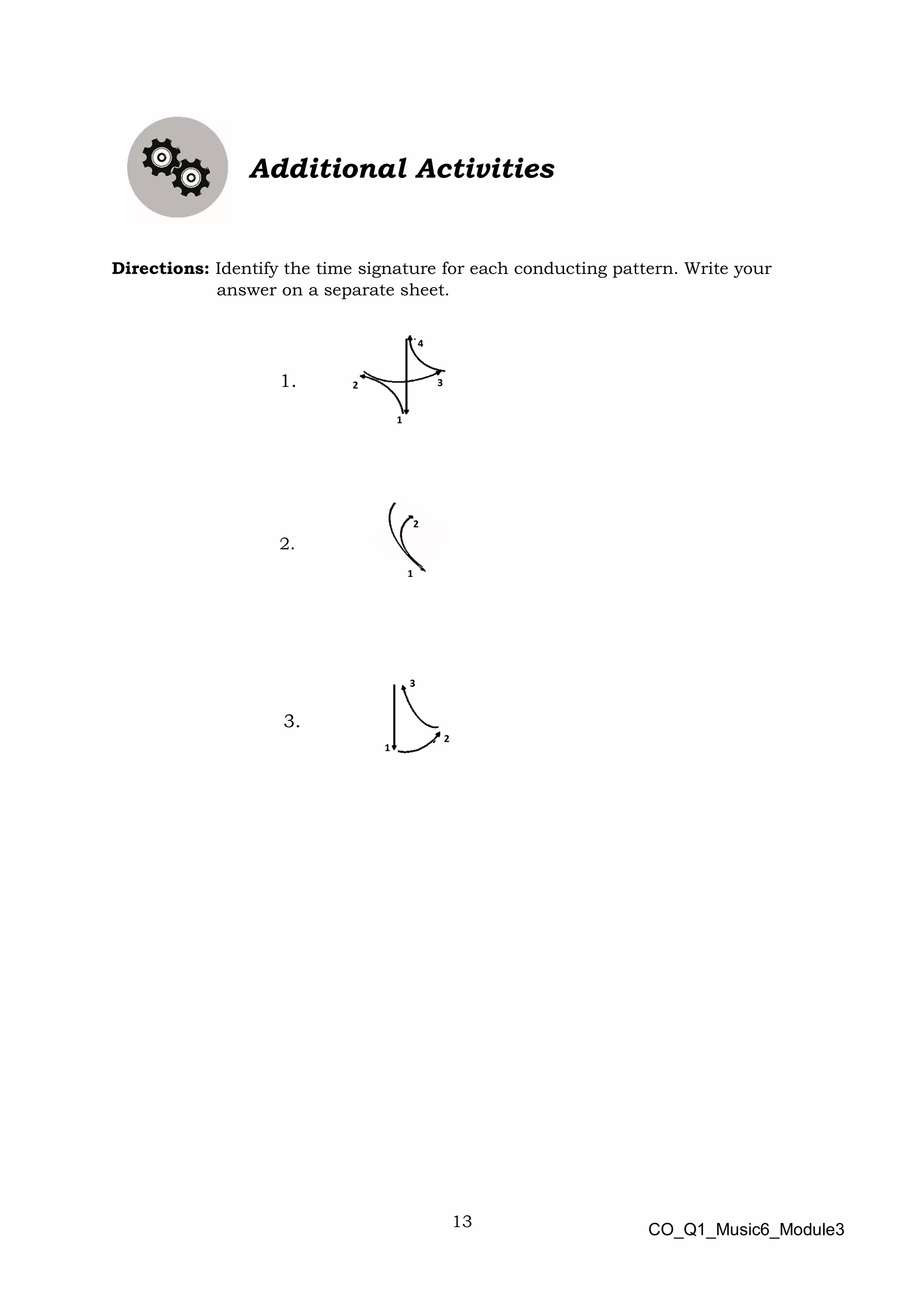 13
Additional Activities
Directions: Identify the time signature for each conducting pattern. Write your
answer on a separate sheet.
1.
2.
3.
CO_Q1_Music6_Module3
4
1
2 3
1
2
3
1
2
 