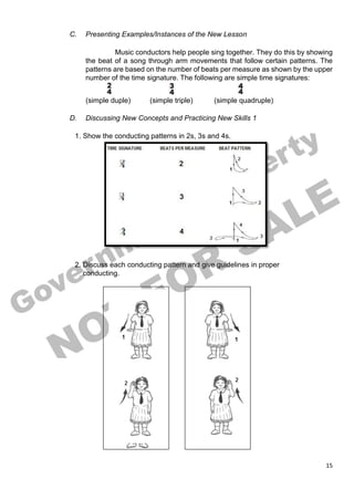 15
C. Presenting Examples/Instances of the New Lesson
Music conductors help people sing together. They do this by showing
the beat of a song through arm movements that follow certain patterns. The
patterns are based on the number of beats per measure as shown by the upper
number of the time signature. The following are simple time signatures:
(simple duple) (simple triple) (simple quadruple)
D. Discussing New Concepts and Practicing New Skills 1
1. Show the conducting patterns in 2s, 3s and 4s.
2. Discuss each conducting pattern and give guidelines in proper
conducting.
 
