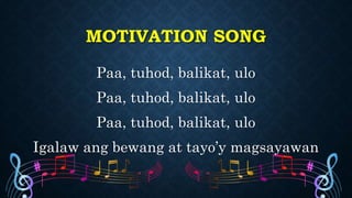 MOTIVATION SONG
Paa, tuhod, balikat, ulo
Paa, tuhod, balikat, ulo
Paa, tuhod, balikat, ulo
Igalaw ang bewang at tayo’y magsayawan
 