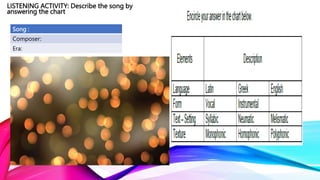 LISTENING ACTIVITY: Describe the song by
answering the chart
Song :
Composer:
Era:
 