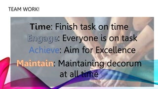 TEAM WORK!
: Finish task on time
: Everyone is on task
Achieve: Aim for Excellence
: Maintaining decorum
at all time
 