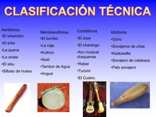 Aerófonos:
•El erkencho
•El erke
•La quena
•La anata
•El siku
•Silbato de hueso
Idiófonos
•Güiro
•Sonajeros de uñas
•Kaskawilla
•Sonajero de calabaza
•Palo sonajero
Cordófonos
•El arpa
•El charango
•Aro musical
chaquense
•Rabel
•Turúmi
•El Cuatro.
Membranófonos
•El bombo
•La caja
•Kultrún
•Ápel
•Tambor de Agua
•Anguá
 