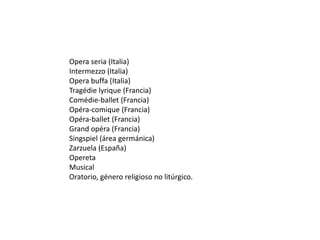 Opera seria (Italia)
Intermezzo (Italia)
Opera buffa (Italia)
Tragédie lyrique (Francia)
Comédie-ballet (Francia)
Opéra-comique (Francia)
Opéra-ballet (Francia)
Grand opéra (Francia)
Singspiel (área germánica)
Zarzuela (España)
Opereta
Musical
Oratorio, género religioso no litúrgico.
 