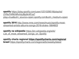 spotify https://play.spotify.com/user/1221028518/playlist/
2YRe7HRKNRvXdJBp9nXFza?
play=true&utm_source=open.spotify.com&utm_medium=open
spotify 2016 http://www.nme.com/news/music/spotify-most-
streamed-artists-albums-songs-2016-drake-1884803
spotify na wikipedia https://en.wikipedia.org/wiki/
List_of_most_streamed_songs_on_Spotify
spotify charts regional https://spotifycharts.com/regional
brasil https://spotifycharts.com/regional/br/weekly/latest
 