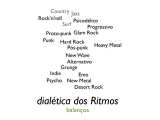 Jazz
Rock’n’roll
Progressivo
Punk
Heavy Metal
EmoIndie
New Wave
Psicodélico
dialética dos Ritmos
Glam Rock
Psycho
Alternativo
Pós-punk
Country
Hard Rock
Grunge
Desert Rock
New Metal
Surf
Proto-punk
balanços
 