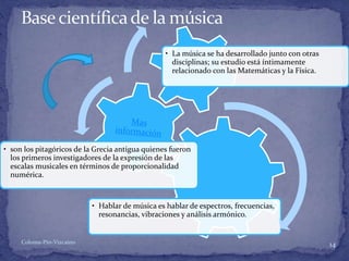 • Hablar de música es hablar de espectros, frecuencias,
resonancias, vibraciones y análisis armónico.
• son los pitagóricos de la Grecia antigua quienes fueron
los primeros investigadores de la expresión de las
escalas musicales en términos de proporcionalidad
numérica.
• La música se ha desarrollado junto con otras
disciplinas; su estudio está íntimamente
relacionado con las Matemáticas y la Física.
14Coloma-Pin-Vizcaíno
 