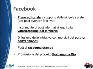 - Piano editoriale a supporto delle singole serate
(pre-post evento+ foto live)
- Inserimento di post informativi legati alla
valorizzazione del territorio
- Diffusione delle iniziative commerciali dei partner
convenzionati
- Post di rassegna stampa
- Promozione del progetto Portiamoli a Rio
 
