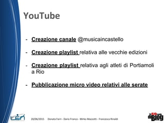 - Creazione canale @musicaincastello
- Creazione playlist relativa alle vecchie edizioni
- Creazione playlist relativa agli atleti di Portiamoli
a Rio
- Pubblicazione micro video relativi alle serate
 
