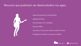 Recursos que poderiam ser desenvolvidos nos apps:


                      Venda de produtos do artista/banda

                      Agenda de Shows

                      Sincronização com o site/blog

                      Músicas Offline

                      Links para a compra de músicas através do iTunes

                      Divulgação de vídeos e músicas de trabalho
 