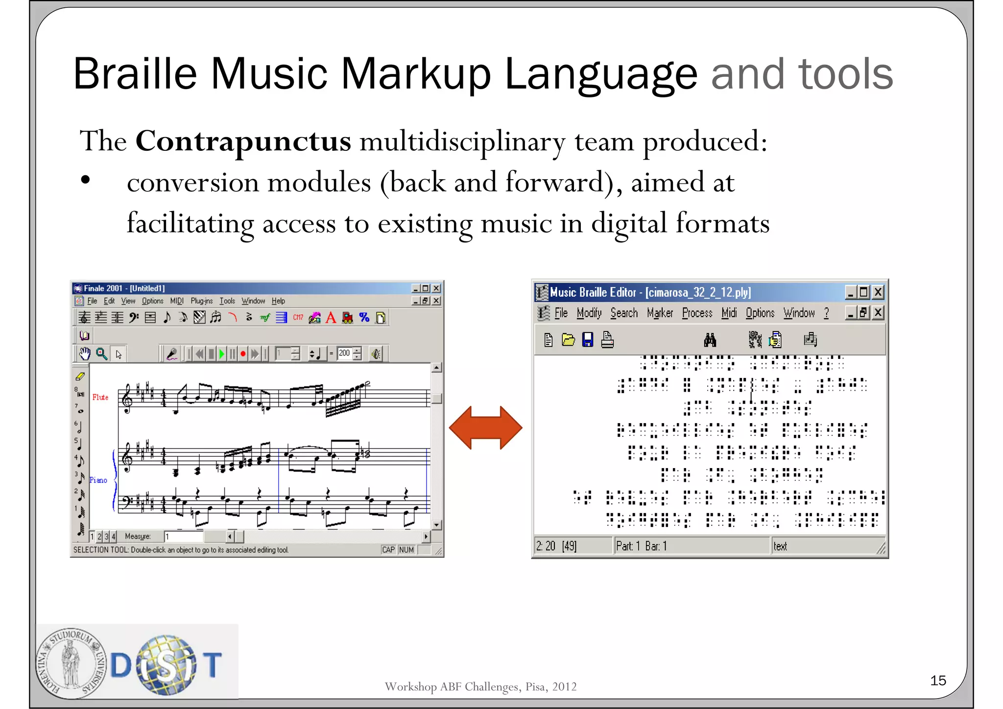 Braille Music Markup Language and tools
The Contrapunctus multidisciplinary team produced:
• conversion modules (back and forward), aimed at
   facilitating access to existing music in digital formats




                          Workshop ABF Challenges, Pisa, 2012   15
 