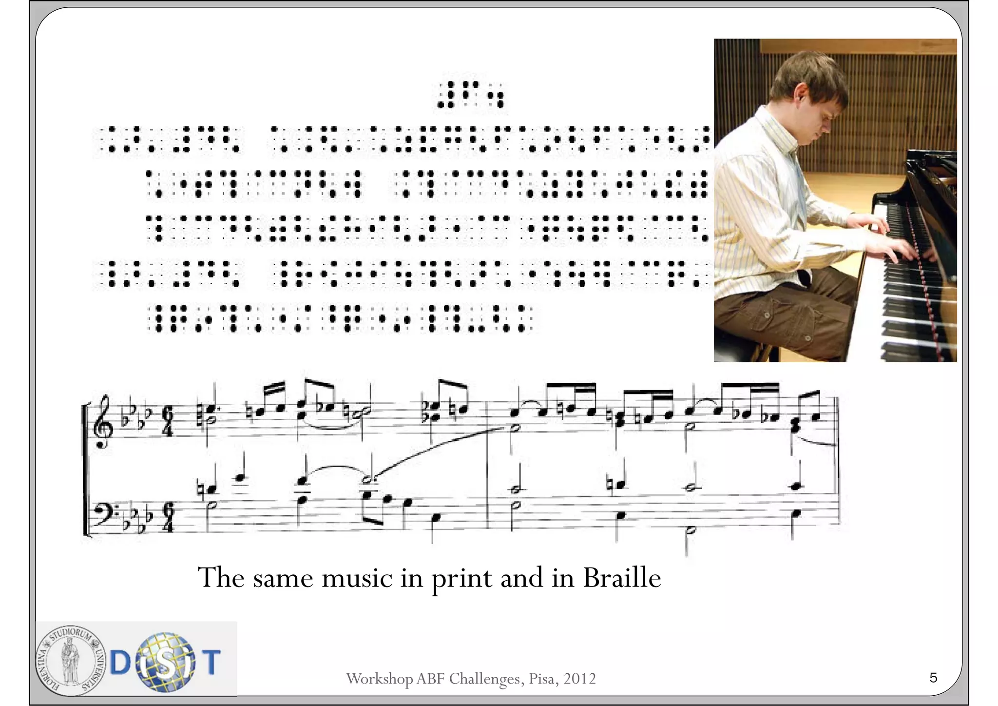 Esempio nota braille




The same music in print and in Braille

                Workshop ABF Challenges, Pisa, 2012   5
 