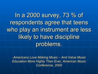 In a 2000 survey, 73 % of respondents agree that teens who play an instrument are less likely to have discipline problems. - Americans Love Making Music – And Value Music Education More Highly Than Ever, American Music Conference, 2000 