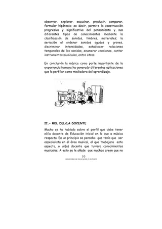 MINISTERIO DE EDUCACIÓN Y DEPORTE
10
observar, explorar, escuchar, producir, comparar,
formular hipótesis; es decir, permite la construcción
progresiva y significativa del pensamiento y sus
diferentes tipos de conocimientos mediante la
clasificación de sonidos, timbres, materiales; la
seriación al ordenar sonidos agudos y graves,
discriminar intensidades, establecer relaciones
temporales de los sonidos, enumerar canciones, contar
instrumentos musicales, entre otras.
En conclusión la música como parte importante de la
experiencia humana ha generado diferentes aplicaciones
que la perfilan como mediadora del aprendizaje.
II.- ROL DEL/LA DOCENTE
Mucho se ha hablado sobre el perfil que debe tener
el/la docente de Educación inicial en lo que a música
respecta. En un principio se pensaba que tenía que ser
especialista en el área musical, el que trabajara este
aspecto, o un(a) docente que tuviera conocimientos
musicales. A esto se le añade que muchos creen que no
 