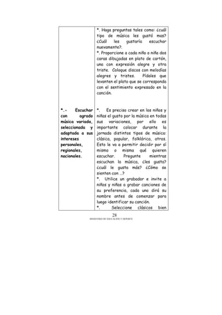 MINISTERIO DE EDUCACIÓN Y DEPORTE
28
*.- Escuchar
con agrado
música variada,
seleccionada y
adaptada a sus
intereses
personales,
regionales,
nacionales.
*. Haga preguntas tales como: ¿cuál
tipo de música les gustó mas?
¿Cuál les gustaría escuchar
nuevamente?.
*. Proporcione a cada niño o niña dos
caras dibujadas en plato de cartón,
una con expresión alegre y otra
triste. Coloque discos con melodías
alegres y tristes. Pídales que
levanten el plato que se corresponda
con el sentimiento expresado en la
canción.
*. Es preciso crear en los niños y
niñas el gusto por la música en todas
sus variaciones, por ello es
importante colocar durante la
jornada distintos tipos de música:
clásica, popular, folklórica, otros.
Esto le va a permitir decidir por sí
mismo o misma qué quieren
escuchar. Pregunte mientras
escuchan la música, ¿les gusta?
¿cuál le gusta más? ¿Cómo se
sienten con …?
*. Utilice un grabador e invite a
niños y niñas a grabar canciones de
su preferencia, cada uno dirá su
nombre antes de comenzar para
luego identificar su canción.
*. Seleccione clásicos bien
 
