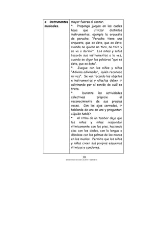 MINISTERIO DE EDUCACIÓN Y DEPORTE
30
e instrumentos
musicales.
mayor fuerza al cantar.
*. Proponga juegos en los cuales
haya que utilizar distintos
instrumentos, ejemplo la orquesta
de perucho: “Perucho tiene una
orquesta, que es ésta, que es ésta;
cuando no quiere no toca, no toca y
se va a dormir”. Los niños y niñas
tocarán sus instrumentos a la vez,
cuando se digan las palabras “que es
ésta, que es ésta”.
*. Juegue con los niños y niñas
“Adivina adivinador, quién reconoce
mi voz”. Se van tocando los objetos
e instrumentos y ellos/as deben ir
adivinando por el sonido de cuál se
trata.
*. Durante las actividades
colectivas propicie el
reconocimiento de sus propias
voces. Con los ojos cerrados, ir
hablando de uno en uno y preguntar:
¿Quién habló?
*. Al ritmo de un tambor deje que
los niños y niñas respondan
rítmicamente con los pies, haciendo
clac con los dedos, con la lengua o
dándose con las palmas de las manos
en los muslos. Permita que los niños
y niñas creen sus propios esquemas
rítmicos y canciones.
 