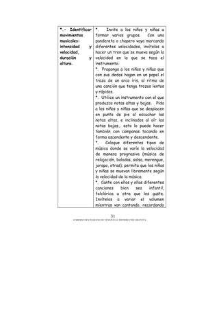 GOBIERNO BOLIVARIANO DE VENEZUELA/ DISTRIBUCIÓN GRATUITA
31
*.- Identificar
movimientos
musicales:
intensidad y
velocidad,
duración y
altura.
*. Invite a los niños y niñas a
formar varios grupos. Con una
pandereta o chapero vaya marcando
diferentes velocidades, invítelos a
hacer un tren que se mueva según la
velocidad en la que se toca el
instrumento.
*. Proponga a los niños y niñas que
con sus dedos hagan en un papel el
trazo de un arco iris, al ritmo de
una canción que tenga trozos lentos
y rápidos.
*. Utilice un instrumento con el que
produzca notas altas y bajas. Pida
a los niños y niñas que se desplacen
en punta de pie al escuchar las
notas altas, e inclinados al oír las
notas bajas… esto lo puede hacer
también con campanas tocando en
forma ascendente y descendente.
*. Coloque diferentes tipos de
música donde se varíe la velocidad
de manera progresiva (música de
relajación, baladas, salsa, merengue,
joropo, otras); permita que los niños
y niñas se muevan libremente según
la velocidad de la música.
*. Cante con ellos y ellas diferentes
canciones bien sea infantil,
folclórica u otra que les guste.
Invítelos a variar el volumen
mientras van cantando, recordando
 