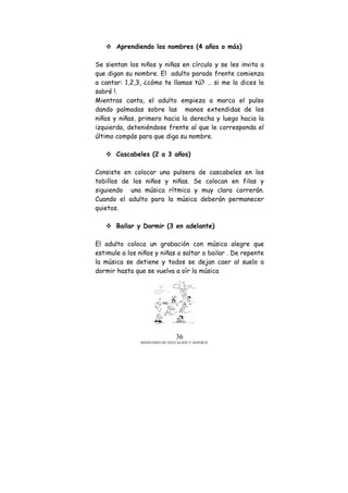 MINISTERIO DE EDUCACIÓN Y DEPORTE
36
Aprendiendo los nombres (4 años o más)
Se sientan los niños y niñas en círculo y se les invita a
que digan su nombre. El adulto parado frente comienza
a cantar: 1,2,3, ¿cómo te llamas tú? … si me lo dices lo
sabré !.
Mientras canta, el adulto empieza a marca el pulso
dando palmadas sobre las manos extendidas de los
niños y niñas, primero hacia la derecha y luego hacia la
izquierda, deteniéndose frente al que le corresponda el
último compás para que diga su nombre.
Cascabeles (2 a 3 años)
Consiste en colocar una pulsera de cascabeles en los
tobillos de los niños y niñas. Se colocan en filas y
siguiendo una música rítmica y muy clara correrán.
Cuando el adulto para la música deberán permanecer
quietos.
Bailar y Dormir (3 en adelante)
El adulto coloca un grabación con música alegre que
estimule a los niños y niñas a saltar o bailar . De repente
la música se detiene y todos se dejan caer al suelo a
dormir hasta que se vuelva a oír la música
 