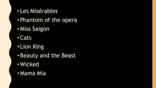 •Les Misérables
•Phantom of the opera
•Miss Saigon
•Cats
•Lion King
•Beauty and the Beast
•Wicked
•Mama Mia
 