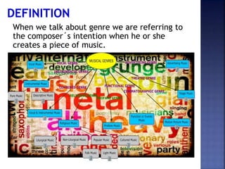 When we talk about genre we are referring to
the composer´s intention when he or she
creates a piece of music.
 
