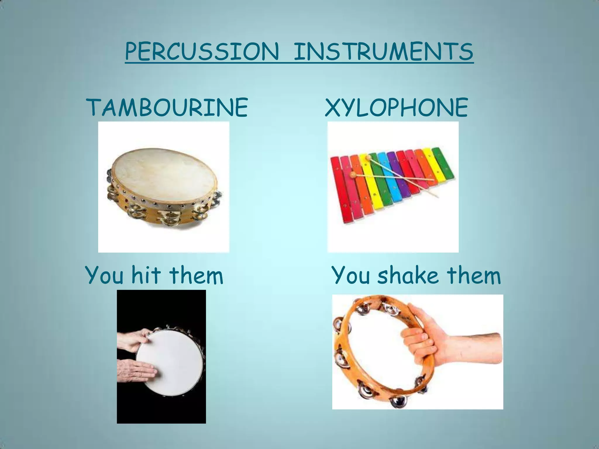 PERCUSSION INSTRUMENTS
TAMBOURINE XYLOPHONE
You hit them You shake them
