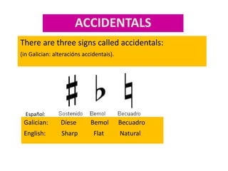 ACCIDENTALS
There are three signs called accidentals:
(in Galician: alteracións accidentais).
Galician: Díese Bemol Becuadro
English: Sharp Flat Natural
Español:
 