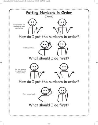 Putting Numbers in Order
(Chorus)
How do I put the numbers in order?
What should I do first?
How do I put the numbers in order?
What should I do first?
Point to your head.
Put your arms out
in a question pose
one at a time.
Point to your head.
Put your arms out
in a question pose
one at a time.
 
