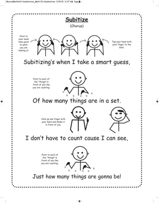 Subitize
(Chorus)
Subitizing’s when I take a smart guess,
Of how many things are in a set.
I don’t have to count cause I can see,
Just how many things are gonna be!
Point to each of
the “things” in
front of you like
you are counting.
Point to
your head
then point
to what
you are
looking at.
Tap your head with
your finger to the
beat.
Hold up one finger with
your hand and shake it
in front of you.
Point to each of
the “things” in
front of you like
you are counting.
 