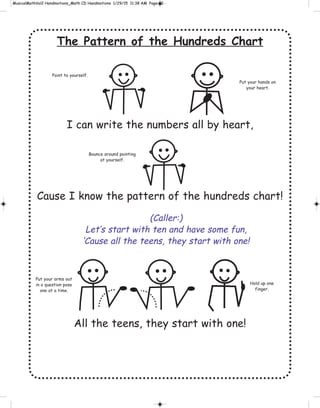 The Pattern of the Hundreds Chart
I can write the numbers all by heart,
Cause I know the pattern of the hundreds chart!
All the teens, they start with one!
Put your hands on
your heart.
Point to yourself.
Bounce around pointing
at yourself.
Put your arms out
in a question pose
one at a time.
Hold up one
finger.
(Caller:)
Let’s start with ten and have some fun,
‘Cause all the teens, they start with one!
 