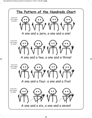 The Pattern of the Hundreds Chart
A one and a zero, a one and a one!
A one and a two, a one and a three!
A one and a four, a one and a five!
A one and a six, a one and a seven!
6
7
Count with
your fingers
as shown!
Count with
your fingers
as shown!
Count with
your fingers
as shown!
Count with
your fingers
as shown!
 