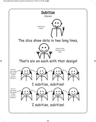 Subitize
(Verse)
The dice show dots in two long lines,
That’s six on each with that design!
I subitize, subitize!
I subitize, subitize!
Hold up two
fingers.
Hold up three
fingers on each
hand.
Point to
your head
then point
to what
you are
looking at.
Point to
your head
then point
to what
you are
looking at.
 