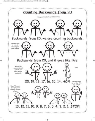 Counting Backwards from 20
Backwards from 20, we are counting backwards,
Backwards from 20, and it goes like this:
20, 19, 18, 17, 16, 15, 14, HOP!
13, 12, 11, 10, 9, 8, 7, 6, 5, 4, 3, 2, 1. STOP!
Dance around
in a circle
throwing out
your thumbs.
Use your thumbs to point behind you.
Motion like
someone should
come to you
while walking
backwards.
Hop!
Push your hand
forward as if to
say, “Stop!”
“Swim” forward
sweeping your
arm out in front
of you.
 