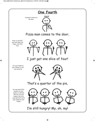 One Fourth
Pizza man comes to the door,
I just get one slice of four!
That’s a quarter of the pie,
I’m still hungry! My, oh, my!
Knock!
Pretend to knock on
the door.
Point to yourself,
and then show one
finger, and then
four.
Put your hands on
your cheeks to indi-
cate surprise.
Put one hand after
another on your
tummy to indicate
that you are still
hungry, and rock
back and forth with
your hands on your
tummy.
 