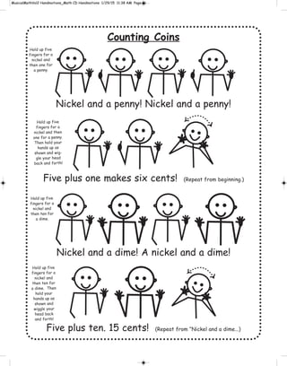 Counting Coins
Nickel and a penny! Nickel and a penny!
Five plus one makes six cents! (Repeat from beginning.)
Nickel and a dime! A nickel and a dime!
Five plus ten. 15 cents! (Repeat from “Nickel and a dime...)
Hold up five
fingers for a
nickel and
then one for
a penny.
Hold up five
fingers for a
nickel and
then ten for
a dime.
Hold up five
fingers for a
nickel and
then ten for
a dime. Then
hold your
hands up as
shown and
wiggle your
head back
and forth!
Hold up five
fingers for a
nickel and then
one for a penny.
Then hold your
hands up as
shown and wig-
gle your head
back and forth!
 