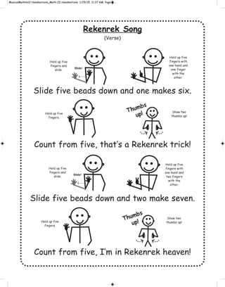 Rekenrek Song
(Verse)
Slide five beads down and one makes six.
Count from five, that’s a Rekenrek trick!
Slide five beads down and two make seven.
Count from five, I’m in Rekenrek heaven!
Slide!
Thumbs
up!Hold up five
fingers.
Show two
thumbs up!
Show two
thumbs up!
Hold up five
fingers and
slide.
Hold up five
fingers with
one hand and
one finger
with the
other.
Thumbs
up!Hold up five
fingers.
Slide!
Hold up five
fingers and
slide.
Hold up five
fingers with
one hand and
two fingers
with the
other.
 