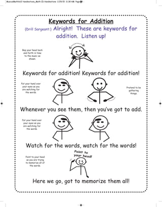 Keywords for Addition
(Drill Sargeant:) Alright! These are keywords for
addition. Listen up!
Keywords for addition! Keywords for addition!
Whenever you see them, then you’ve got to add.
Watch for the words, watch for the words!
Here we go, got to memorize them all!
Pretend to be
gathering
things.
Point to
your head!
Bop your head back
and forth in time
to the music as
shown.
Put your hand over
your eyes as you
are watching for
the words.
Put your hand over
your eyes as you
are watching for
the words.
Point to your head
as you are trying
to memorize all of
the words.
 