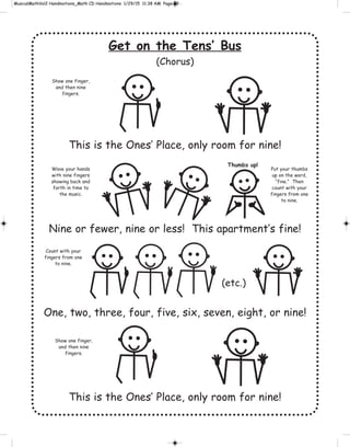 Get on the Tens’ Bus
(Chorus)
This is the Ones’ Place, only room for nine!
Nine or fewer, nine or less! This apartment’s fine!
One, two, three, four, five, six, seven, eight, or nine!
This is the Ones’ Place, only room for nine!
Thumbs up!
Show one finger,
and then nine
fingers.
Wave your hands
with nine fingers
showing back and
forth in time to
the music.
Put your thumbs
up on the word,
“fine.” Then
count with your
fingers from one
to nine.
Count with your
fingers from one
to nine.
(etc.)
Show one finger,
and then nine
fingers.
 