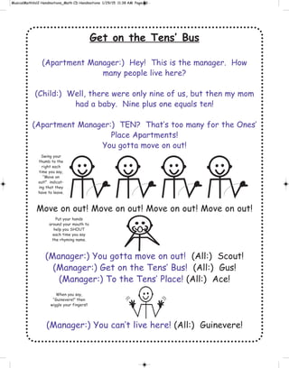 Get on the Tens’ Bus
(Apartment Manager:) Hey! This is the manager. How
many people live here?
(Child:) Well, there were only nine of us, but then my mom
had a baby. Nine plus one equals ten!
(Apartment Manager:) TEN? That’s too many for the Ones’
Place Apartments!
You gotta move on out!
Move on out! Move on out! Move on out! Move on out!
(Manager:) You gotta move on out! (All:) Scout!
(Manager:) Get on the Tens’ Bus! (All:) Gus!
(Manager:) To the Tens’ Place! (All:) Ace!
(Manager:) You can’t live here! (All:) Guinevere!
Swing your
thumb to the
right each
time you say,
“Move on
out!” indicat-
ing that they
have to leave.
Put your hands
around your mouth to
help you SHOUT
each time you say
the rhyming name.
When you say,
“Guinevere!” then
wiggle your fingers!!
 