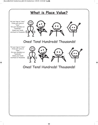 What is Place Value?
Ones! Tens! Hundreds! Thousands!
Ones! Tens! Hundreds! Thousands!
Pat your legs on “ones.”
Cross your arms on
“tens.”
Pat your shoulders on
“hundreds.”
Shake your hands
overhead on thousands.
Pat your legs on “ones.”
Cross your arms on
“tens.”
Pat your shoulders on
“hundreds.”
Shake your hands
overhead on thousands.
 