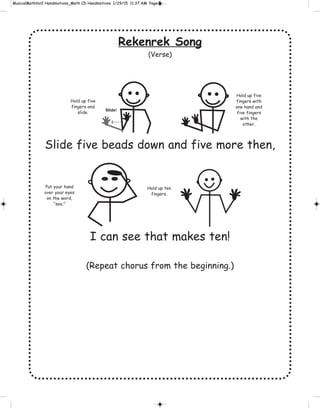 Rekenrek Song
(Verse)
Slide five beads down and five more then,
I can see that makes ten!
(Repeat chorus from the beginning.)
Slide!
Hold up five
fingers and
slide.
Hold up five
fingers with
one hand and
five fingers
with the
other.
Hold up ten
fingers.
Put your hand
over your eyes
on the word,
“see.”
 