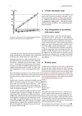 2 4 WRITTEN NOTES
300
400
500
Hz
Frequency
C4
C5
D
D
C
E
F
G
F
G
A
A
B
Frequency vs Position on Treble Clef.Each note shown has a
frequency of the previous note multiplied by12
√
2
( ) to make this clear. Likewise (and more commonly), a♮♭
double sharp sign on a key signature with a single sharp
♯ indicates only a double sharp, not a triple sharp.
Assuming enharmonicity, many accidentals will create
equivalences between pitches that are written di erently.ﬀ
For instance, raising the note B to B♯ is equal to the
note C. Assuming all such equivalences, the complete
chromatic scale adds ﬁve additional pitch classes to the
original seven lettered notes for a total of 12 (the 13th
note completing the octave), each separated by a half-
step.
Notes that belong to the diatonic scale relevant in the con-
text are sometimes called diatonic notes; notes that do not
meet that criterion are then sometimes called chromatic
notes.
Another style of notation, rarely used in English, uses the
su x “is” to indicate a sharp and “es” (only “s” after A andﬃ
E) for a ﬂat, e.g., Fis for F♯, Ges for G, Es for E.♭ ♭ This
system ﬁrst arose in Germany and is used in almost all
European countries whose main language is not English,
Greek, or a Romance language.
In most countries using these su xes, the letter H is usedﬃ
to represent what is B natural in English, the letter B is
used instead of B,♭ and Heses (i.e., H ) is used instead
of B (not Bes, which would also have ﬁt into the system).
Dutch-speakers in Belgium and the Netherlands use the
same su xes, but applied throughout to the notes A to G,ﬃ
so that B, B and B have the same meaning as in English,♭
although they are called B, Bes, and Beses instead of B,
B ﬂat and B double ﬂat. Denmark also uses H, but uses
Bes instead of Heses for B .
2 12-tone chromatic scale
The following chart lists the names used in di erent coun-ﬀ
tries for the 12 notes of a chromatic scale built on C.
The corresponding symbols are shown within parenthe-
sis. Di erences between German and English notationﬀ
are highlighted in bold typeface. Although the English
and Dutch names are di erent,ﬀ the corresponding sym-
bols are identical.
3 Note designation in accordance
with octave name
The table below shows each octave and the frequen-
cies for every note of pitch class A. The traditional
(Helmholtz) system centers on the great octave (with cap-
ital letters) and small octave (with lower case letters).
Lower octaves are named “contra” (with primes before),
higher ones “lined” (with primes after). Another system
(scientiﬁc) su xes a number (starting with 0,ﬃ or some-
times −1). In this system A4 is nowadays standardised
to 440 Hz, lying in the octave containing notes from C4
(middle C) to B4. The lowest note on most pianos is A0,
the highest C8. The MIDI system for electronic musical
instruments and computers uses a straight count starting
with note 0 for C-1 at 8.1758 Hz up to note 127 for G9
at 12,544 Hz.
4 Written notes
A written note can also have a note value, a code that de-
termines the note’s relative duration.In order of halving
duration, we have: double note (breve); whole note (semi-
breve); half note (minim); quarter note (crotchet); eighth
note (quaver); sixteenth note (semiquaver). Smaller still
are the thirty-second note (demisemiquaver), sixty-fourth
note (hemidemisemiquaver), and hundred twenty-eighth
note (semihemidemisemiquaver) or 1
2 note, 1
4 note, 1
8 note, 1
16 note, 1
32 note, 1
64 note, and 1
128 note.
When notes are written out in a score, each note is as-
signed a speciﬁc vertical position on a sta positionﬀ (a
line or a space) on the staﬀ, as determined by the clef.
Each line or space is assigned a note name.These names
are memorized by musicians and allow them to know at
a glance the proper pitch to play on their instruments for
each note-head marked on the page.
The staﬀ above shows the notes C, D, E, F, G, A, B, C
listen and then in reverse order, with no key signature or
 