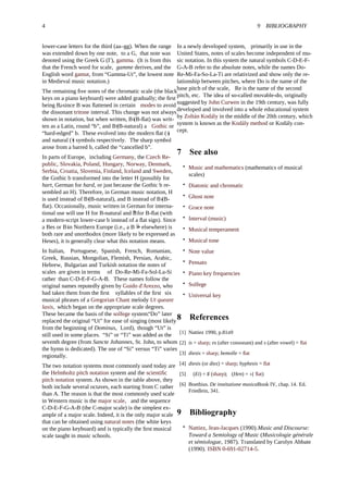 4 9 BIBLIOGRAPHY
lower-case letters for the third (aa–gg). When the range
was extended down by one note, to a G, that note was
denoted using the Greek G (Γ), gamma. (It is from this
that the French word for scale, gamme derives, and the
English word gamut, from “Gamma-Ut”, the lowest note
in Medieval music notation.)
The remaining ﬁve notes of the chromatic scale (the black
keys on a piano keyboard) were added gradually; the ﬁrst
being B, since B was ﬂattened in certain♭ modes to avoid
the dissonant tritone interval. This change was not always
shown in notation, but when written, B (B-ﬂat) was writ-♭
ten as a Latin, round “b”, and B(B-natural) a♮ Gothic or
“hard-edged” b. These evolved into the modern ﬂat ( )♭
and natural ( ) symbols respectively.♮ The sharp symbol
arose from a barred b, called the “cancelled b”.
In parts of Europe, including Germany, the Czech Re-
public, Slovakia, Poland, Hungary, Norway, Denmark,
Serbia, Croatia, Slovenia, Finland, Iceland and Sweden,
the Gothic b transformed into the letter H (possibly for
hart, German for hard, or just because the Gothic b re-
sembled an H). Therefore, in German music notation, H
is used instead of B(B-natural), and B instead of B (B-♮ ♭
ﬂat). Occasionally, music written in German for interna-
tional use will use H for B-natural and Bb
for B-ﬂat (with
a modern-script lower-case b instead of a ﬂat sign). Since
a Bes or B in Northern Europe (i.e., a B♭ elsewhere) is
both rare and unorthodox (more likely to be expressed as
Heses), it is generally clear what this notation means.
In Italian, Portuguese, Spanish, French, Romanian,
Greek, Russian, Mongolian, Flemish, Persian, Arabic,
Hebrew, Bulgarian and Turkish notation the notes of
scales are given in terms of Do-Re-Mi-Fa-Sol-La-Si
rather than C-D-E-F-G-A-B. These names follow the
original names reputedly given by Guido d'Arezzo, who
had taken them from the ﬁrst syllables of the ﬁrst six
musical phrases of a Gregorian Chant melody Ut queant
laxis, which began on the appropriate scale degrees.
These became the basis of the solfege system.“Do” later
replaced the original “Ut” for ease of singing (most likely
from the beginning of Dominus, Lord), though “Ut” is
still used in some places. “Si” or “Ti” was added as the
seventh degree (from Sancte Johannes, St. John, to whom
the hymn is dedicated). The use of “Si” versus “Ti” varies
regionally.
The two notation systems most commonly used today are
the Helmholtz pitch notation system and the scientiﬁc
pitch notation system. As shown in the table above, they
both include several octaves, each starting from C rather
than A. The reason is that the most commonly used scale
in Western music is the major scale, and the sequence
C-D-E-F-G-A-B (the C-major scale) is the simplest ex-
ample of a major scale. Indeed, it is the only major scale
that can be obtained using natural notes (the white keys
on the piano keyboard) and is typically the ﬁrst musical
scale taught in music schools.
In a newly developed system, primarily in use in the
United States, notes of scales become independent of mu-
sic notation. In this system the natural symbols C-D-E-F-
G-A-B refer to the absolute notes, while the names Do-
Re-Mi-Fa-So-La-Ti are relativized and show only the re-
lationship between pitches, where Do is the name of the
base pitch of the scale, Re is the name of the second
pitch, etc. The idea of so-called movable-do, originally
suggested by John Curwen in the 19th century, was fully
developed and involved into a whole educational system
by Zoltán Kodály in the middle of the 20th century, which
system is known as the Kodály method or Kodály con-
cept.
7 See also
• Music and mathematics (mathematics of musical
scales)
• Diatonic and chromatic
• Ghost note
• Grace note
• Interval (music)
• Musical temperament
• Musical tone
• Note value
• Pensato
• Piano key frequencies
• Solfege
• Universal key
8 References
[1] Nattiez 1990, p.81n9
[2] is = sharp; es (after consonant) and s (after vowel) = ﬂat
[3] diesis = sharp; bemolle = ﬂat
[4] diesis (or diez) = sharp; hyphesis = ﬂat
[5] (Ei) = ♯ (sharp); (Hen) = (♭ ﬂat)
[6] Boethius. De institutione musica.Book IV, chap. 14. Ed.
Friedlein, 341.
9 Bibliography
• Nattiez, Jean-Jacques (1990).Music and Discourse:
Toward a Semiology of Music (Musicologie générale
et sémiologue, 1987). Translated by Carolyn Abbate
(1990). ISBN 0-691-02714-5.
 
