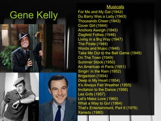Gene Kelly Musicals For Me and My Gal (1942) Du Barry Was a Lady (1943) Thousands Cheer (1943) Cover Girl (1944) Anchors Aweigh (1945) Ziegfeld Follies (1946) Living in a Big Way (1947) The Pirate (1948) Words and Music (1948) Take Me Out to the Ball Game (1949) On The Town (1949) Summer Stock (1950) An American in Paris (1951) Singin’ in the Rain (1952) Brigadoon (1954) Deep in My Heart (1954) It’s Always Fair Weather (1955) Invitation to the Dance (1956) Les Girls (1957) Let’s Make Love (1960) What a Way to Go! (1964) That’s Entertainment, Part II (1976) Xanadu (1980) 