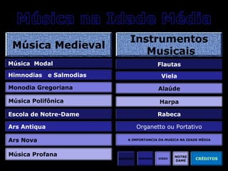 Música Medieval

Instrumentos
Musicais

Música Modal
Himnodias

Flautas

e Salmodias

Viela

Monodia Gregoriana

Alaúde

Música Polifônica

Harpa

Escola de Notre-Dame

Rabeca

Ars Antiqua
Ars Nova
Música Profana

Organetto ou Portativo
A IMPORTANCIA DA MUSICA NA IDADE MÉDIA

IMAGENS

IMAGENS

VIDEO

NOTRE
DAME

CRÉDITOS

 