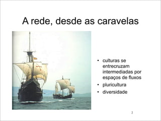 A rede, desde as caravelas


                • culturas se
                  entrecruzam
                  intermediadas por
                  espaços de fluxos
                • pluricultura
                • diversidade



                              2
 