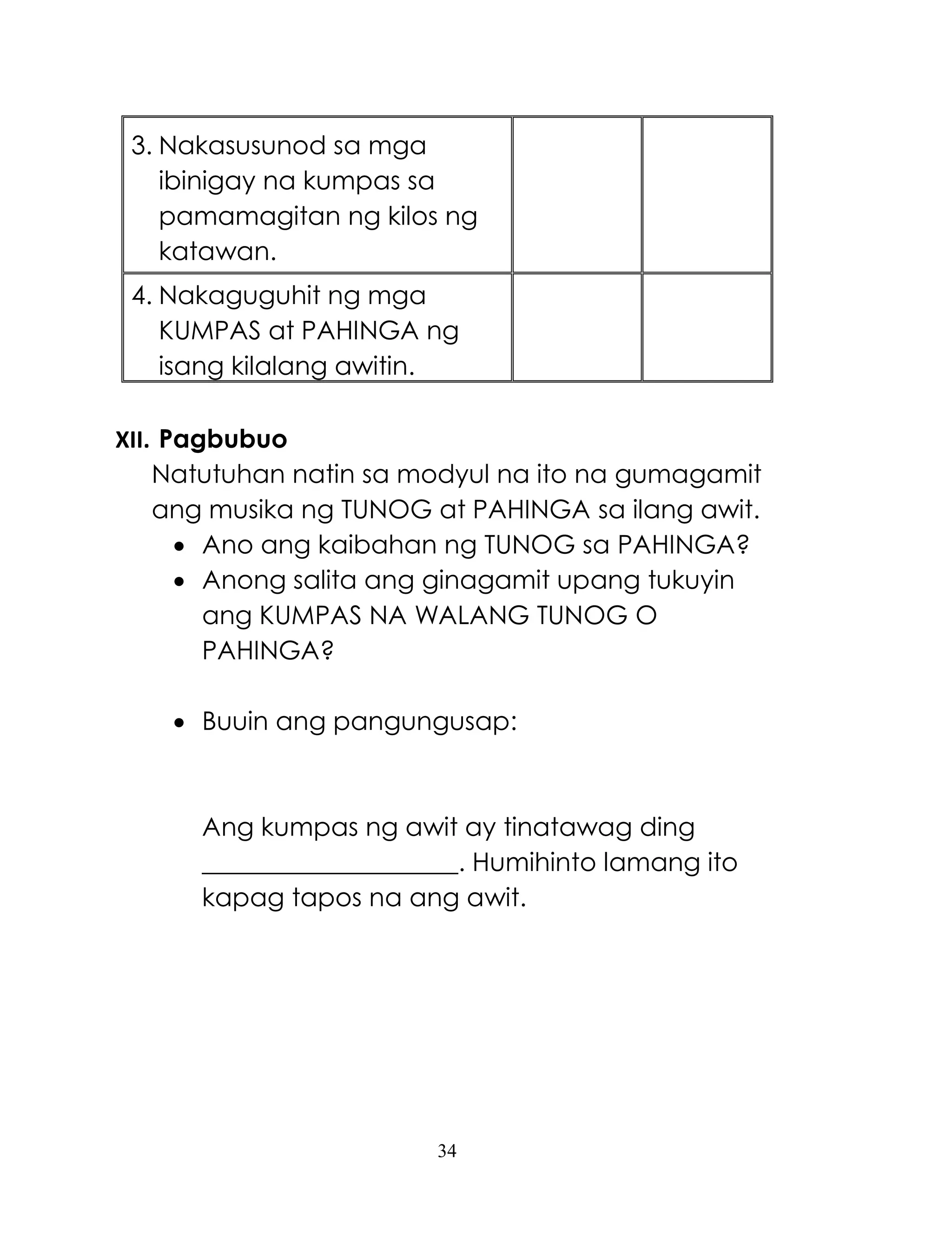 34
3. Nakasusunod sa mga
ibinigay na kumpas sa
pamamagitan ng kilos ng
katawan.
4. Nakaguguhit ng mga
KUMPAS at PAHINGA ng
isang kilalang awitin.
XII. Pagbubuo
Natutuhan natin sa modyul na ito na gumagamit
ang musika ng TUNOG at PAHINGA sa ilang awit.
 Ano ang kaibahan ng TUNOG sa PAHINGA?
 Anong salita ang ginagamit upang tukuyin
ang KUMPAS NA WALANG TUNOG O
PAHINGA?
 Buuin ang pangungusap:
Ang kumpas ng awit ay tinatawag ding
____________________. Humihinto lamang ito
kapag tapos na ang awit.
 