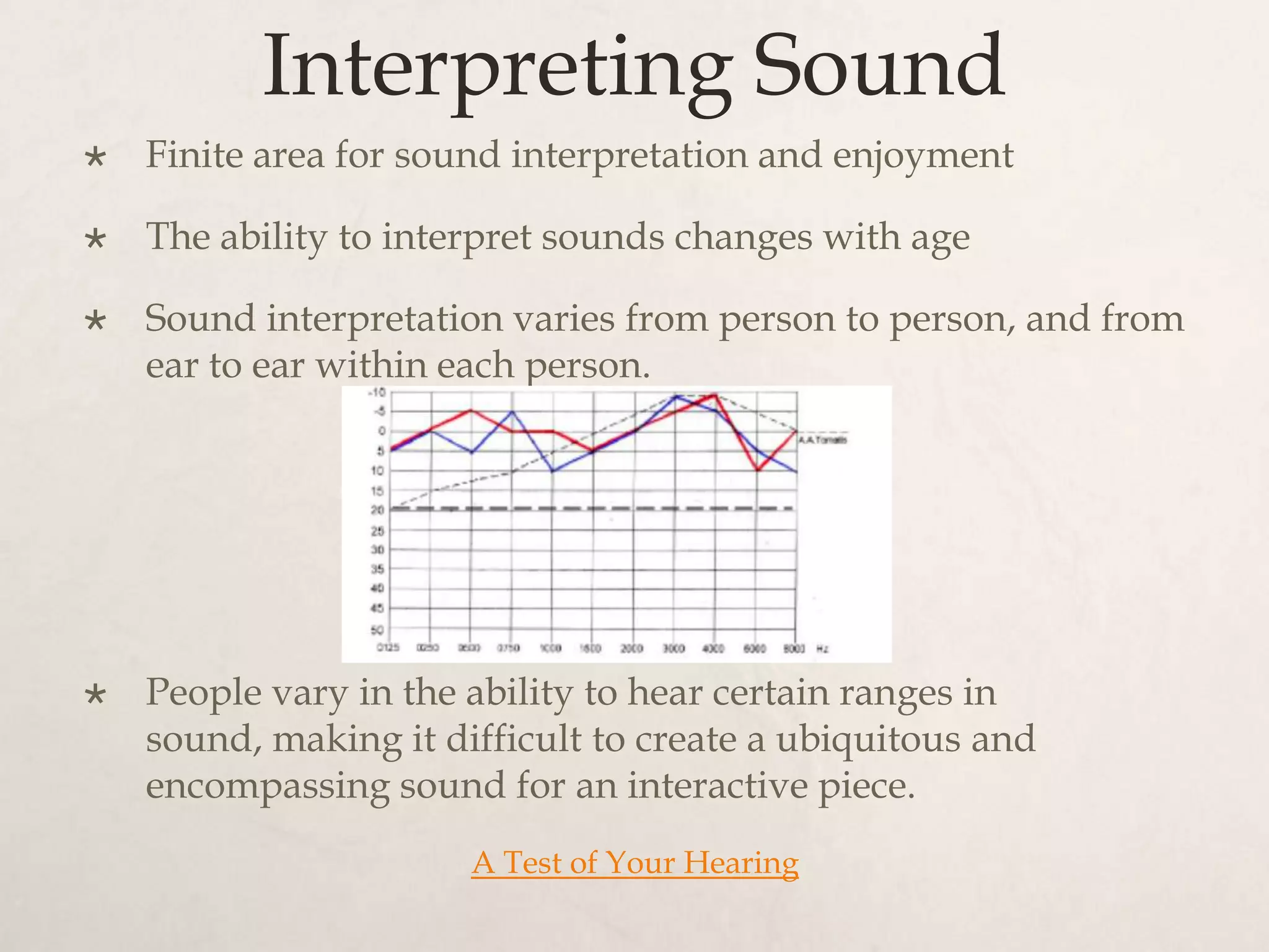 Interpreting Sound
   Finite area for sound interpretation and enjoyment

   The ability to interpret sounds changes with age

   Sound interpretation varies from person to person, and from
    ear to ear within each person.




   People vary in the ability to hear certain ranges in
    sound, making it difficult to create a ubiquitous and
    encompassing sound for an interactive piece.
                       A Test of Your Hearing
 