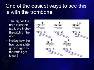 One of the easiest ways to see this
is with the trombone.
? The higher the
note is on the
staff, the higher
the pitch of the
note.
? Notice how the
trombone slide
gets longer as
the notes get
lower?
 