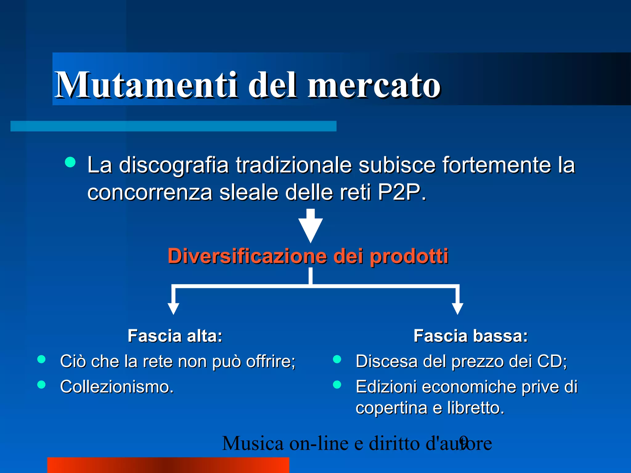 Mutamenti del mercatoMutamenti del mercato
 La discografia tradizionale subisce fortemente laLa discografia tradizionale subisce fortemente la
concorrenza sleale delle reti P2P.concorrenza sleale delle reti P2P.
Diversificazione dei prodottiDiversificazione dei prodotti
Fascia alta:Fascia alta:
 Ciò che la rete non può offrire;Ciò che la rete non può offrire;
 Collezionismo.Collezionismo.
Fascia bassa:Fascia bassa:
 Discesa del prezzo dei CD;Discesa del prezzo dei CD;
 Edizioni economiche prive diEdizioni economiche prive di
copertina e libretto.copertina e libretto.
 