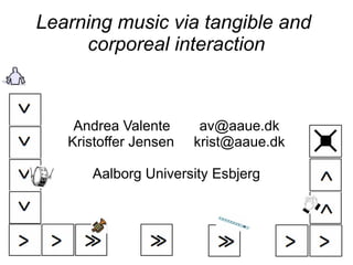Learning music via tangible and
     corporeal interaction



    Andrea Valente      av@aaue.dk
   Kristoffer Jensen   krist@aaue.dk

      Aalborg University Esbjerg
 