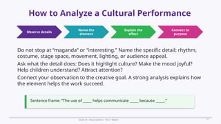 Prepared By: DepEd Club Team - DEPEDCLUB.COM
Prepared By: DepEd Club Team - DEPEDCLUB.COM
How to Analyze a Cultural Performance
Grade 10 | Music and Arts | Term 1 Week 6 12
Observe details
Name the
element
Explain the
effect
Connect to
purpose
Do not stop at “maganda” or “interesting.” Name the specific detail: rhythm,
costume, stage space, movement, lighting, or audience appeal.
Ask what the detail does: Does it highlight culture? Make the mood joyful?
Help children understand? Attract attention?
Connect your observation to the creative goal. A strong analysis explains how
the element helps the work succeed.
Sentence frame: “The use of _____ helps communicate _____ because _____.”
 
